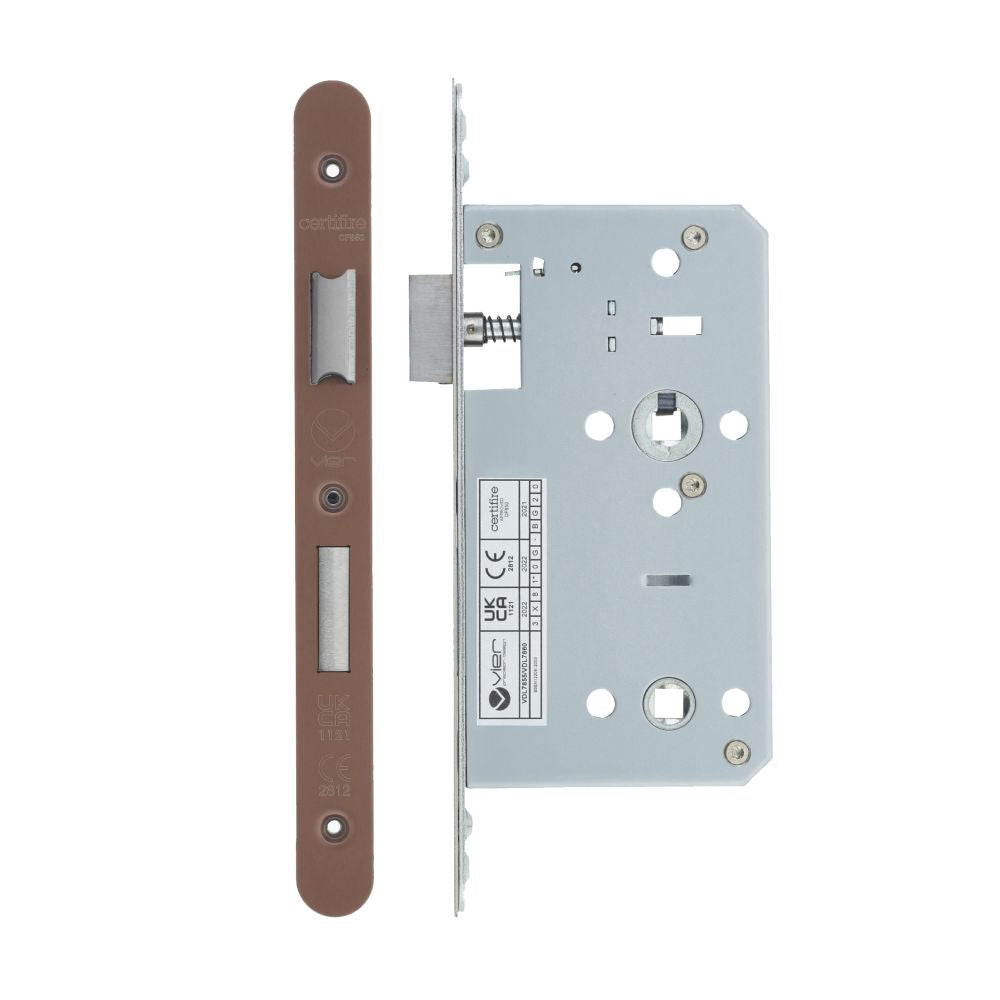 High quality image of the Vier - Din Bathroom- Backset 60mm - 2 Pc Forend - Radius - PVD Satin Bronze | Sku. vdl7860-r-pvdbz | available to order from Trade Door Handles.