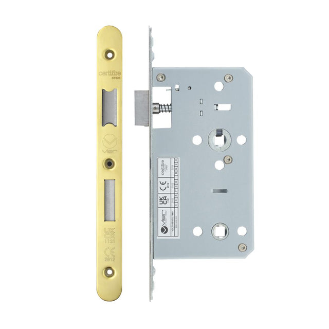High quality image of the Vier - Din Bathroom- Backset 60mm - 2 Pc Forend - Radius - PVDG - Polished Brass Effect | Sku. vdl7860-r-pvdg | available to order from Trade Door Handles.