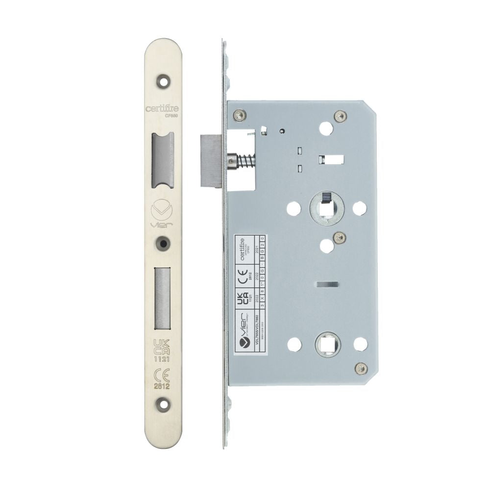 High quality image of the Vier - Din Bathroom- Backset 60mm - 2 Pc Forend - Radius - Stain Stainless Steel | Sku. vdl7860-r-sss | available to order from Trade Door Handles.