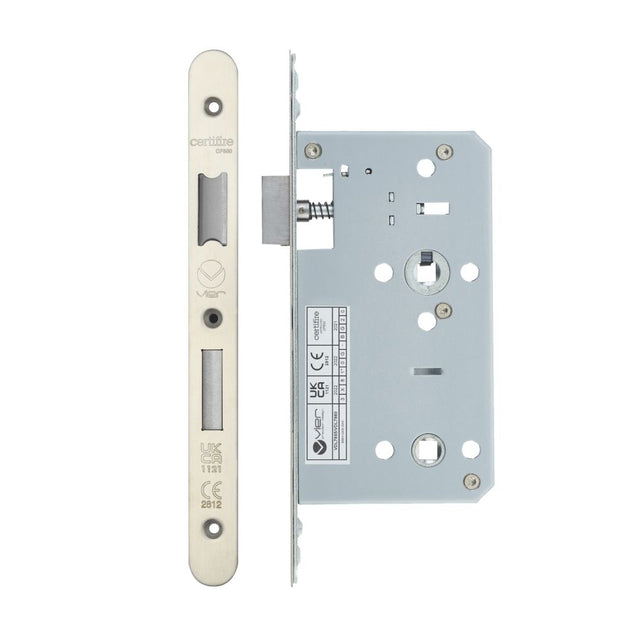 High quality image of the Vier - Din Bathroom- Backset 60mm - 2 Pc Forend - Radius - Stain Stainless Steel | Sku. vdl7860-r-sss | available to order from Trade Door Handles.