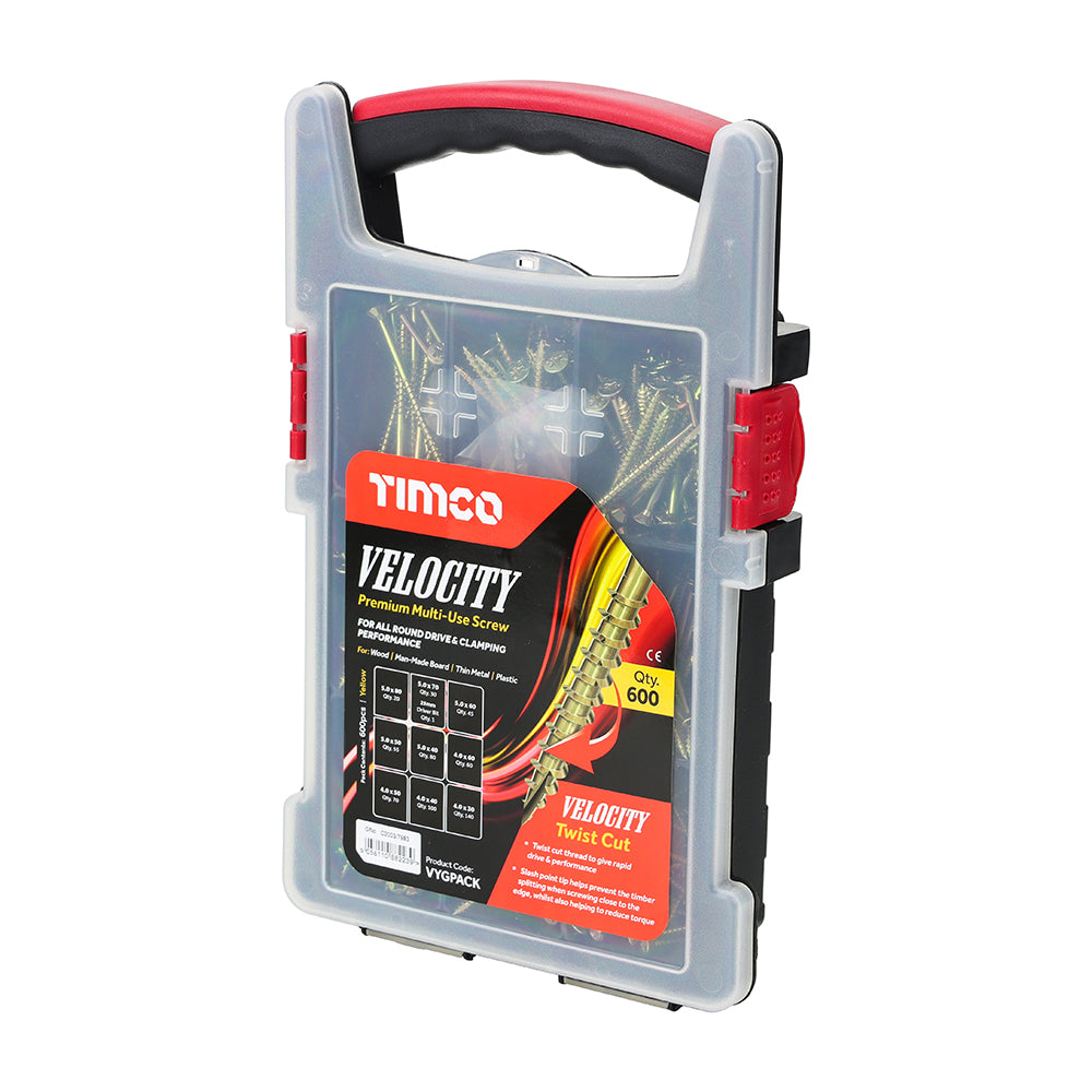 This is an image of Timco - Velocity Premium Multi-Use Screws - Grab Pack - PZ - Double Countersunk - Yellow - (600 PCS Tray) VYGPACK