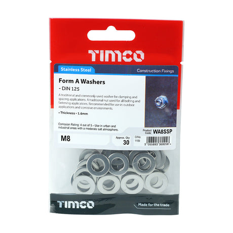 This is an image of Timco - Form A Washers - Stainless Steel M8 - (30 PCS TIMpac) WA8SSP