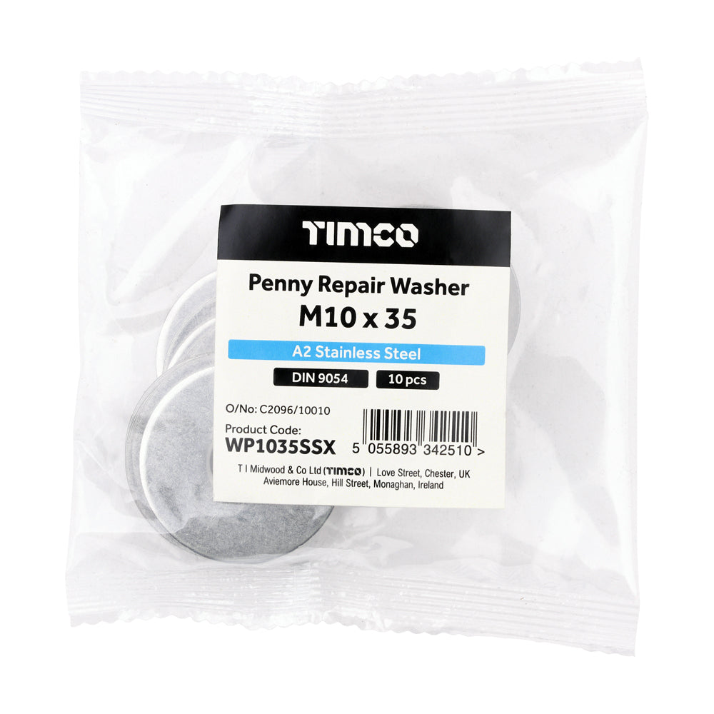 This is an image of Timco - Penny / Repair Washers - A2 Stainless Steel M10 x 35mm - (10 PCS Bag) WP1035SSX