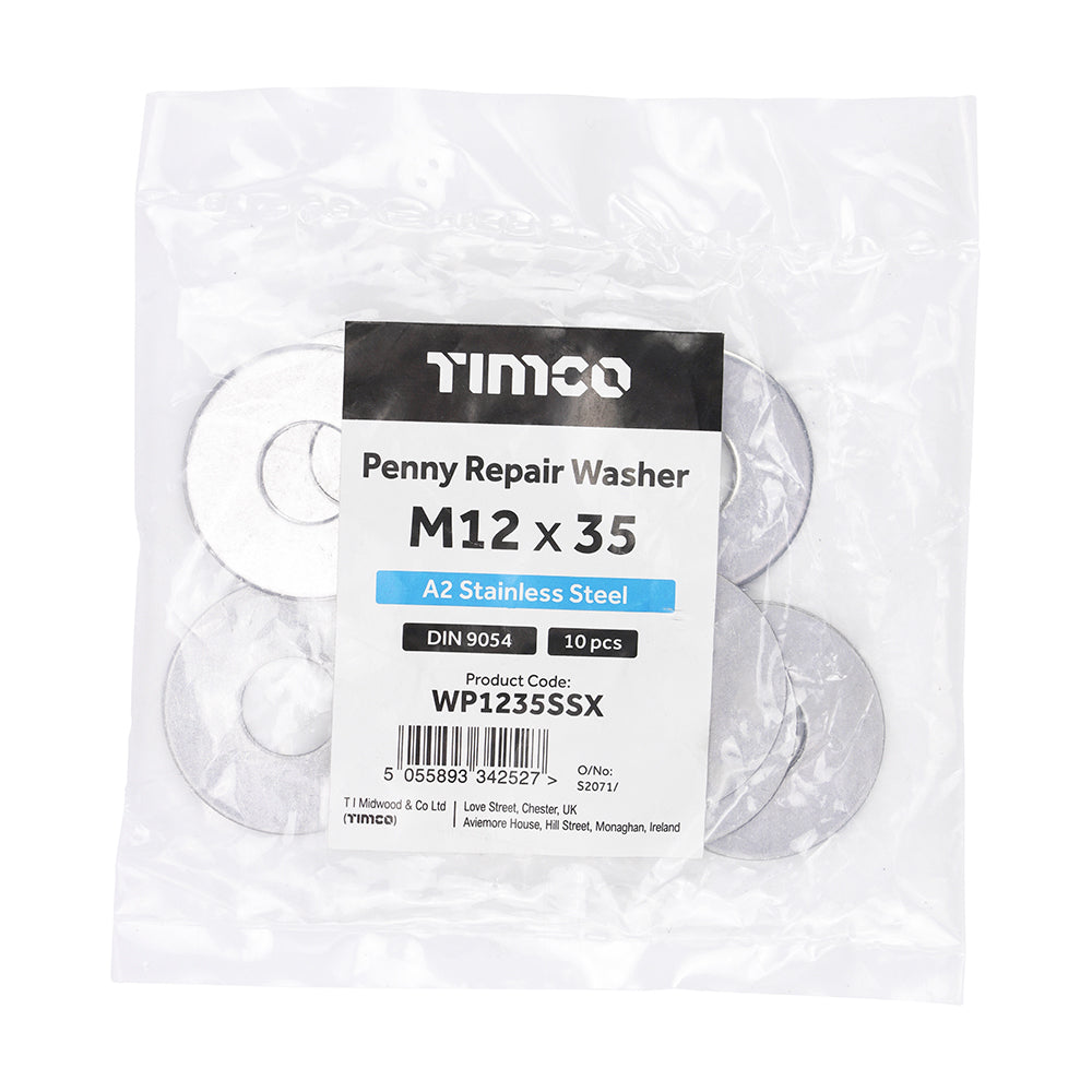This is an image of Timco - Penny / Repair Washers - A2 Stainless Steel M12 x 35mm - (10 PCS Bag) WP1235SSX