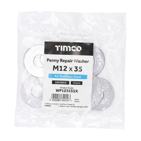 This is an image of Timco - Penny / Repair Washers - A2 Stainless Steel M12 x 35mm - (10 PCS Bag) WP1235SSX