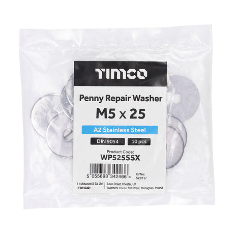 This is an image of Timco - Penny / Repair Washers - A2 Stainless Steel M5 x 25mm - (10 PCS Bag) WP525SSX