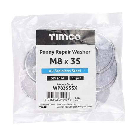 This is an image of Timco - Penny / Repair Washers - A2 Stainless Steel M8 x 35mm - (10 PCS Bag) WP835SSX