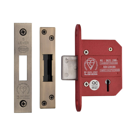 High quality image of York Security - British Standard 5 Lever Deadlock 2 1/2" - Antique Brass | Sku. ykdlbs52n-at | available to order from Trade Door Handles in Kendal.