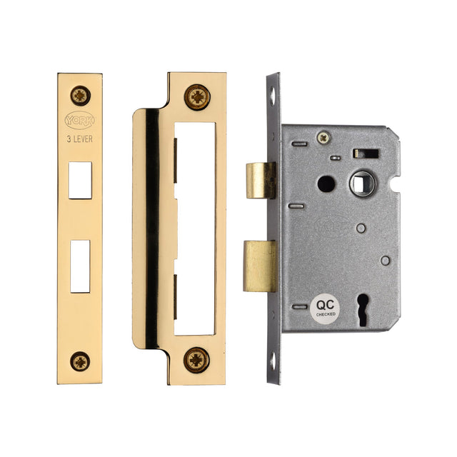 High quality image of York - 3 Lever Sash Lock 2 1/2" PB | Sku. yksl32n-pb | available to order from Trade Door Handles in Kendal.