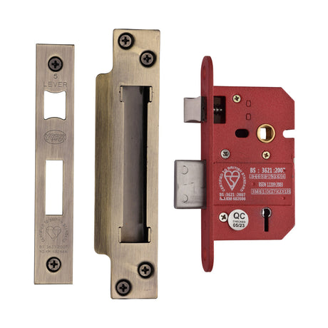 High quality image of York Security - British Standard 5 Lever Sashlock 2 1/2" - Antique Brass | Sku. ykslbs52n-at | available to order from Trade Door Handles in Kendal.