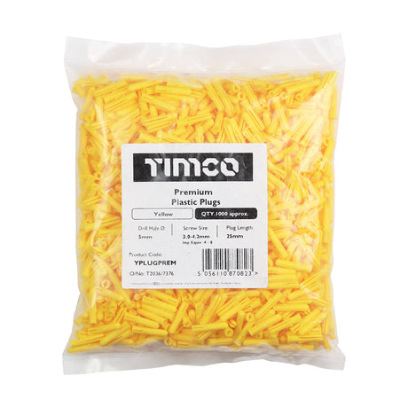 This is an image of Timco - Premium Plastic Plugs - Yellow 25mm - (1000 PCS Bag) YPLUGPREM