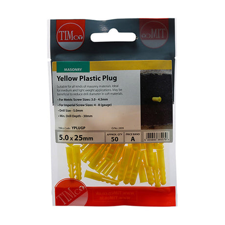 This is an image of Timco - Plastic Plugs - Yellow 25mm - (50 PCS TIMpac) YPLUGP