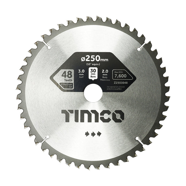 This is an image of Timco - 0Ãƒâ€šÃ‚Â° Mitre Saw Blade 250 x 30 x 48T (1 Each Clamshell) Z2503048