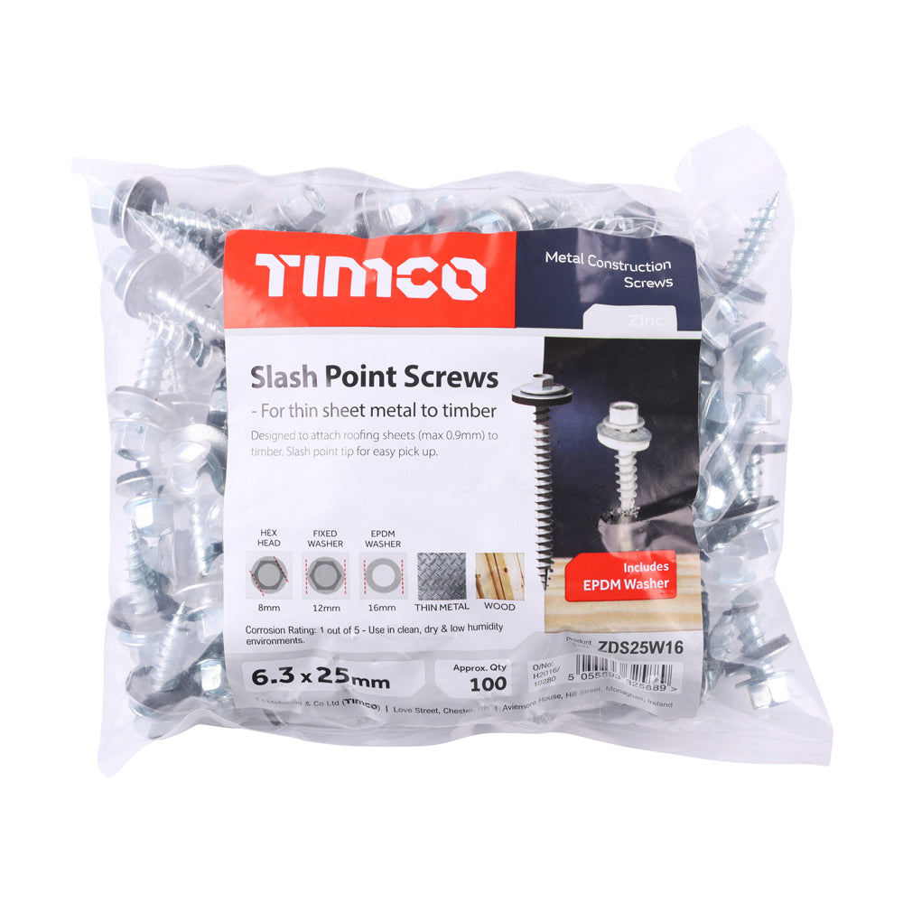 This is an image of Timco - Metal Construction Thin Sheet Metal to Timber Screws - Hex - EPDM Washer - Slash Point - Zinc 6.3 x 25mm - (100 PCS Bag) ZDS25W16