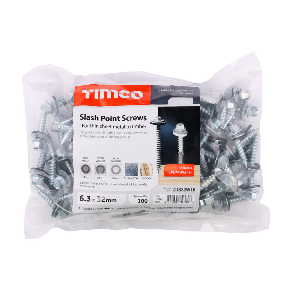 This is an image of Timco - Metal Construction Thin Sheet Metal to Timber Screws - Hex - EPDM Washer - Slash Point - Zinc 6.3 x 32mm - (100 PCS Bag) ZDS32W16
