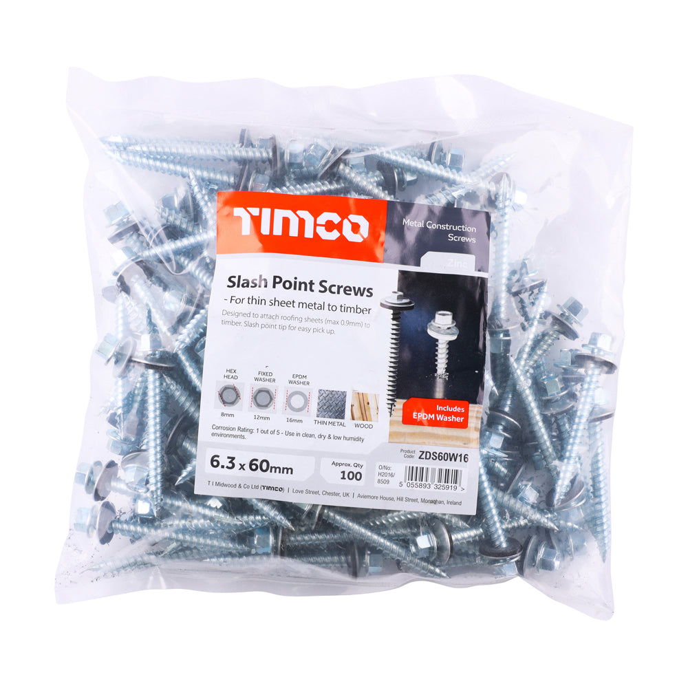 This is an image of Timco - Metal Construction Thin Sheet Metal to Timber Screws - Hex - EPDM Washer - Slash Point - Zinc 6.3 x 60mm - (100 PCS Bag) ZDS60W16