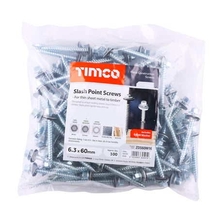 This is an image of Timco - Metal Construction Thin Sheet Metal to Timber Screws - Hex - EPDM Washer - Slash Point - Zinc 6.3 x 60mm - (100 PCS Bag) ZDS60W16