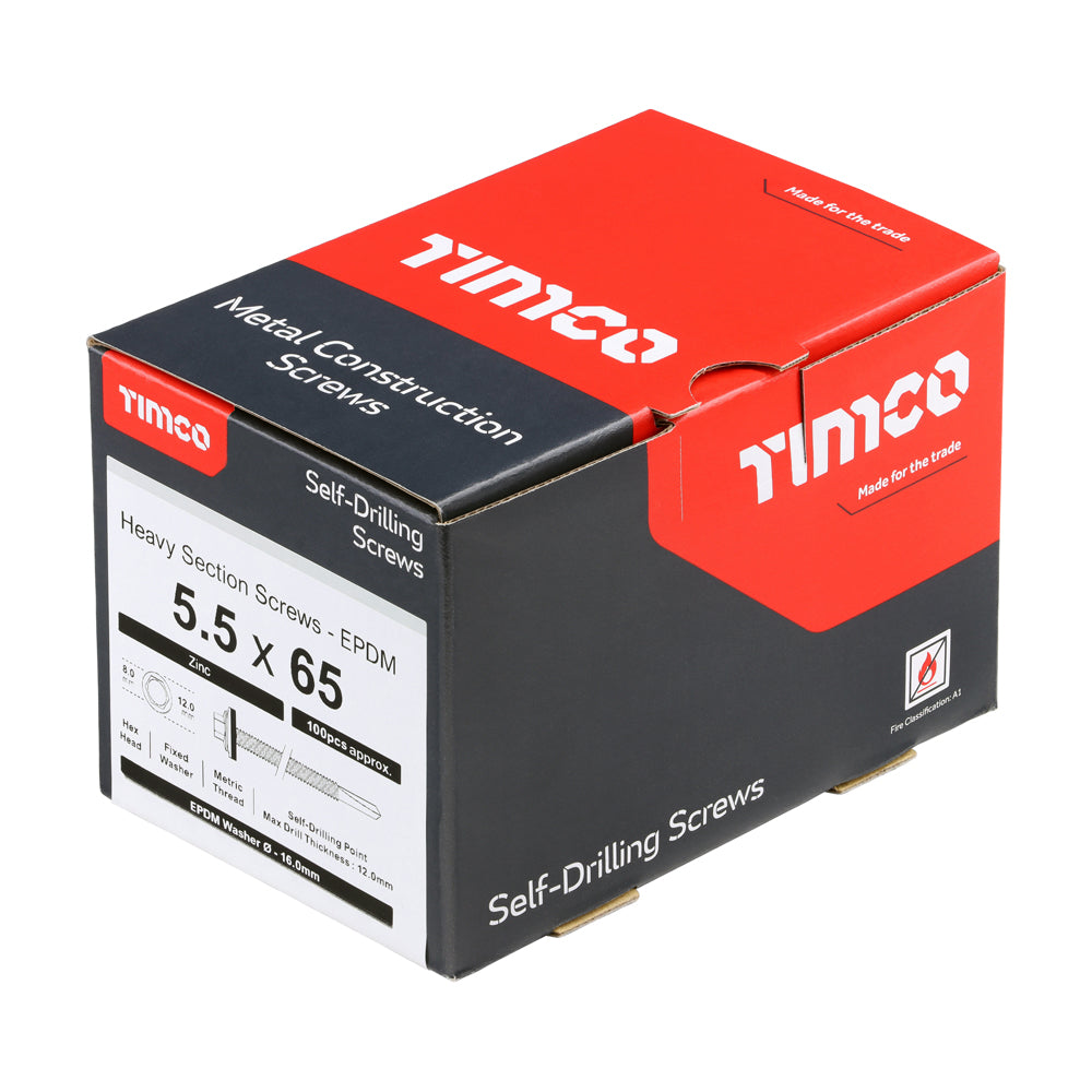This is an image of Timco - Metal Construction Heavy Section Screws - Hex - EPDM Washer - Self-Drilling - Zinc 5.5 x 65mm - (100 PCS Box) ZH65W16B
