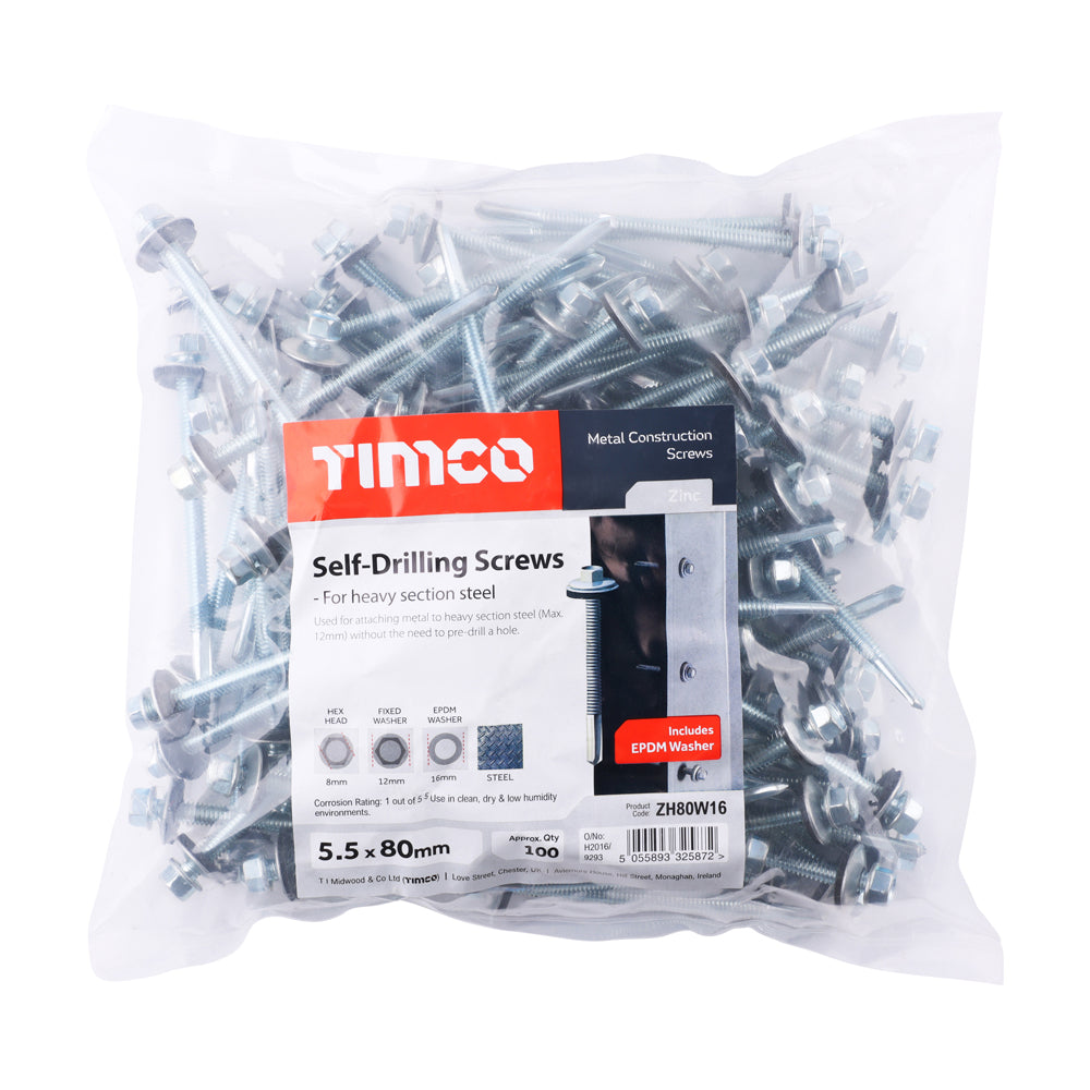 This is an image of Timco - Metal Construction Heavy Section Screws - Hex - EPDM Washer - Self-Drilling - Zinc 5.5 x 80mm - (100 PCS Bag) ZH80W16