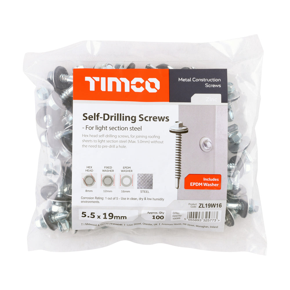 This is an image of Timco - Metal Construction Light Section Screws - Hex - EPDM Washer - Self-Drilling - Zinc 5.5 x 19mm - (100 PCS Bag) ZL19W16