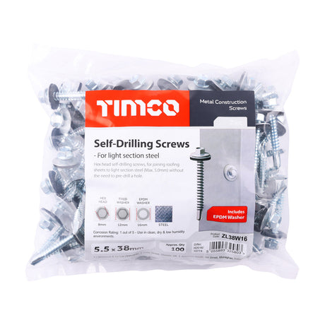 This is an image of Timco - Metal Construction Light Section Screws - Hex - EPDM Washer - Self-Drilling - Zinc 5.5 x 38mm - (100 PCS Bag) ZL38W16