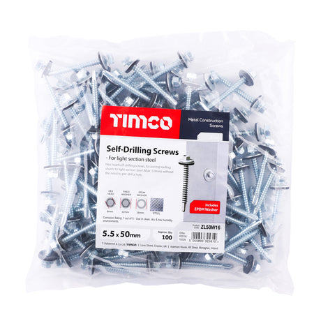 This is an image of Timco - Metal Construction Light Section Screws - Hex - EPDM Washer - Self-Drilling - Zinc 5.5 x 50mm - (100 PCS Bag) ZL50W16