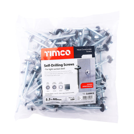 This is an image of Timco - Metal Construction Light Section Screws - Hex - EPDM Washer - Self-Drilling - Zinc 5.5 x 60mm - (100 PCS Bag) ZL60W16
