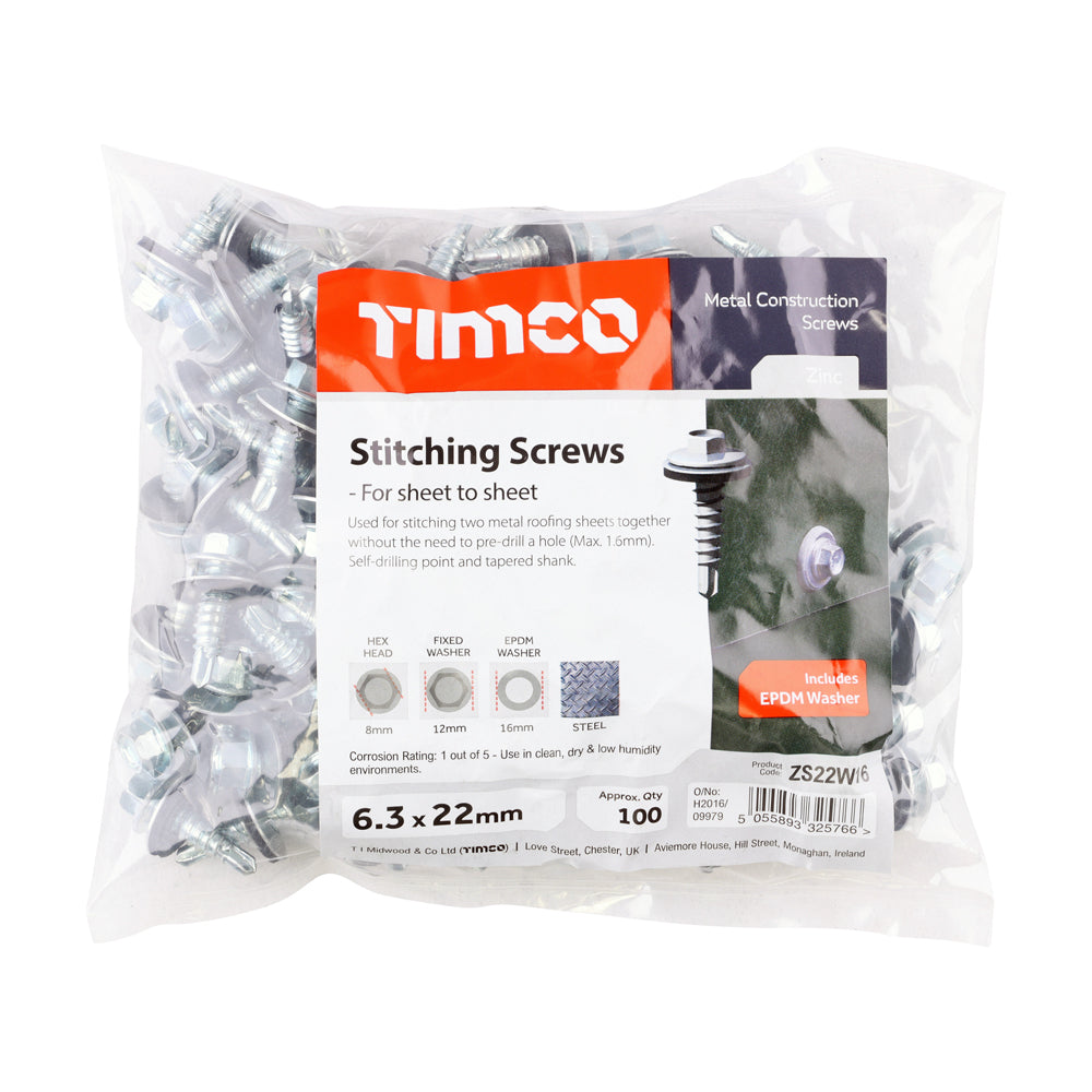 This is an image of Timco - Metal Construction Stitching Screws - For Sheet to Sheet - Hex - EPDM Washer - Self-Drilling - Zinc 6.3 x 22mm - (100 PCS Bag) ZS22W16