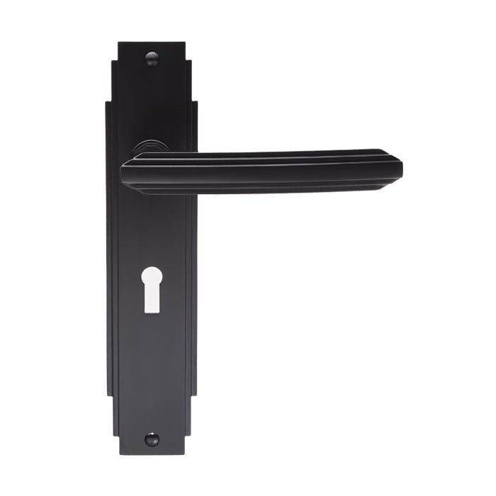 High quality image of Carlisle Brass - Art Deco Lever on Lock Backplate - Matt Black | Sku. adr011mb | Trade Door Handles.