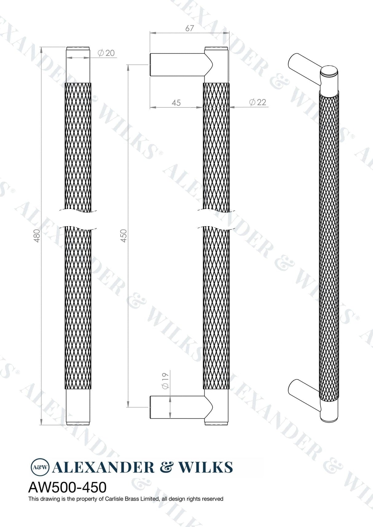 Alexander & Wilks Door Furniture Antique Brass / 450mm Alexander & Wilks Spitfire Diamond Knurled 450mm Pull Handle - Antique Brass