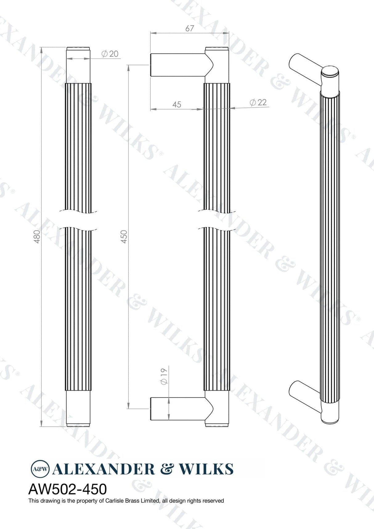 Alexander & Wilks Door Furniture Antique Brass / 450mm Alexander & Wilks Spitfire Reeded 450mm Pull Handle - Antique Brass