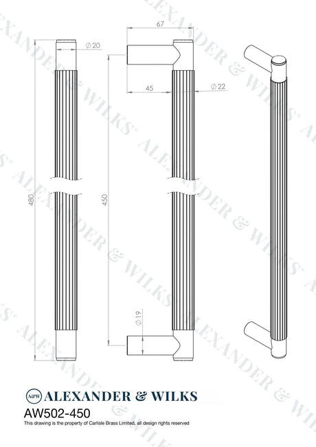 Alexander & Wilks Door Furniture Antique Brass / 450mm Alexander & Wilks Spitfire Reeded 450mm Pull Handle - Antique Brass