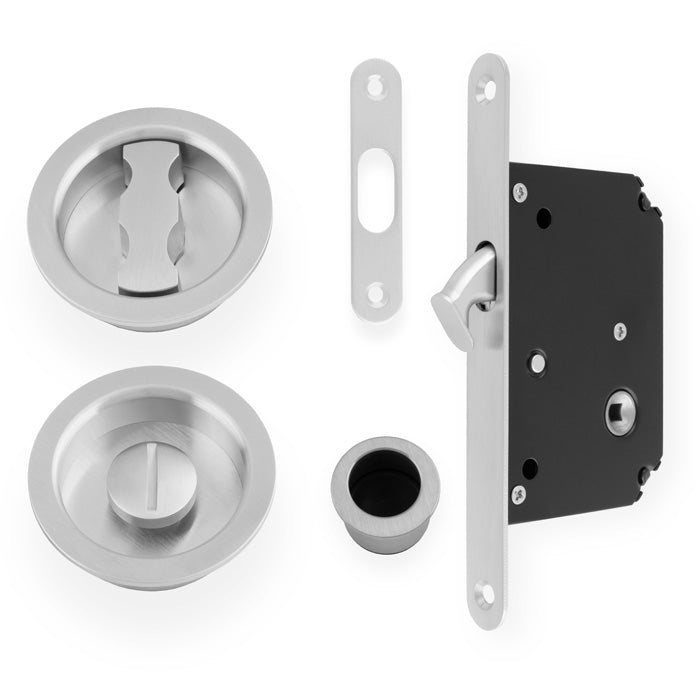 High quality image of Alexander & Wilks - Radius Sliding Door Lock Set - Satin Chrome | Sku. aw110rsc | Trade Door Handles.