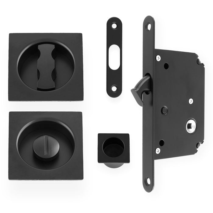 This is an image of Alexander & Wilks - Sliding Door Lock Set - Square Roses - Radius Forend & Strike-Black AW111RBL available to order from Trade Door Handles in Kendal, quick delivery and discounted prices.