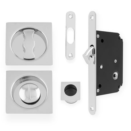 This is an image of Alexander & Wilks - Sliding Door Lock Set - Square Roses - Radius Forend & Strike-Polished Chrome AW111RPC available to order from Trade Door Handles in Kendal, quick delivery and discounted prices.