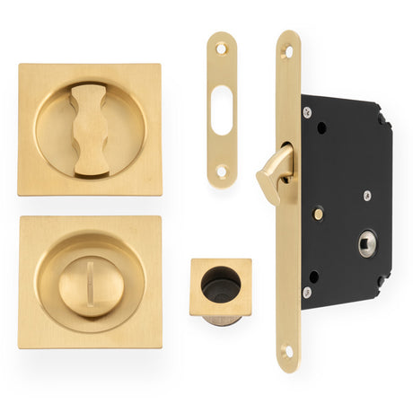 This is an image of Alexander & Wilks - Sliding Door Lock Set - Square Roses - Radius Forend & Strike-Satin Brass PVD AW111RSBPVD available to order from Trade Door Handles in Kendal, quick delivery and discounted prices.