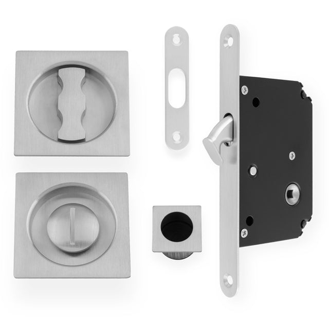 This is an image of Alexander & Wilks - Sliding Door Lock Set - Square Roses - Radius Forend & Strike-Satin Chrome AW111RSC available to order from Trade Door Handles in Kendal, quick delivery and discounted prices.