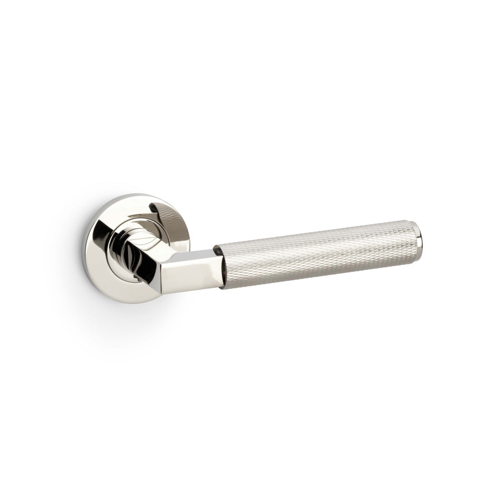 High quality image of Alexander & Wilks - Hurricane Knurled Lever on Round Rose - Polished Nickel PVD | Sku. aw200pnpvd | Trade Door Handles.