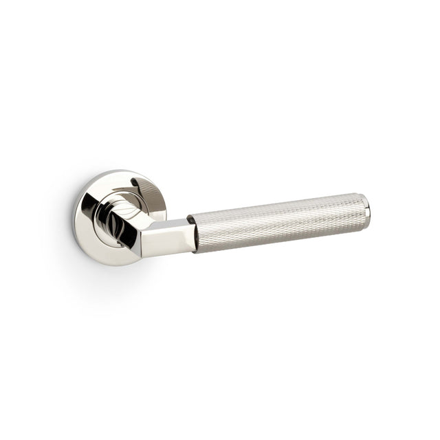 High quality image of Alexander & Wilks - Hurricane Knurled Lever on Round Rose - Polished Nickel PVD | Sku. aw200pnpvd | Trade Door Handles.