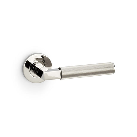 High quality image of Alexander & Wilks - Hurricane Reeded Lever on Round Rose - Polished Nickel PVD | Sku. aw202pnpvd | Trade Door Handles.