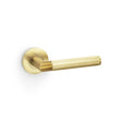 High quality image of Alexander & Wilks - Harrier Knurled Lever on Round Rose - Satin Brass PVD | Sku. aw210sbpvd | Trade Door Handles.