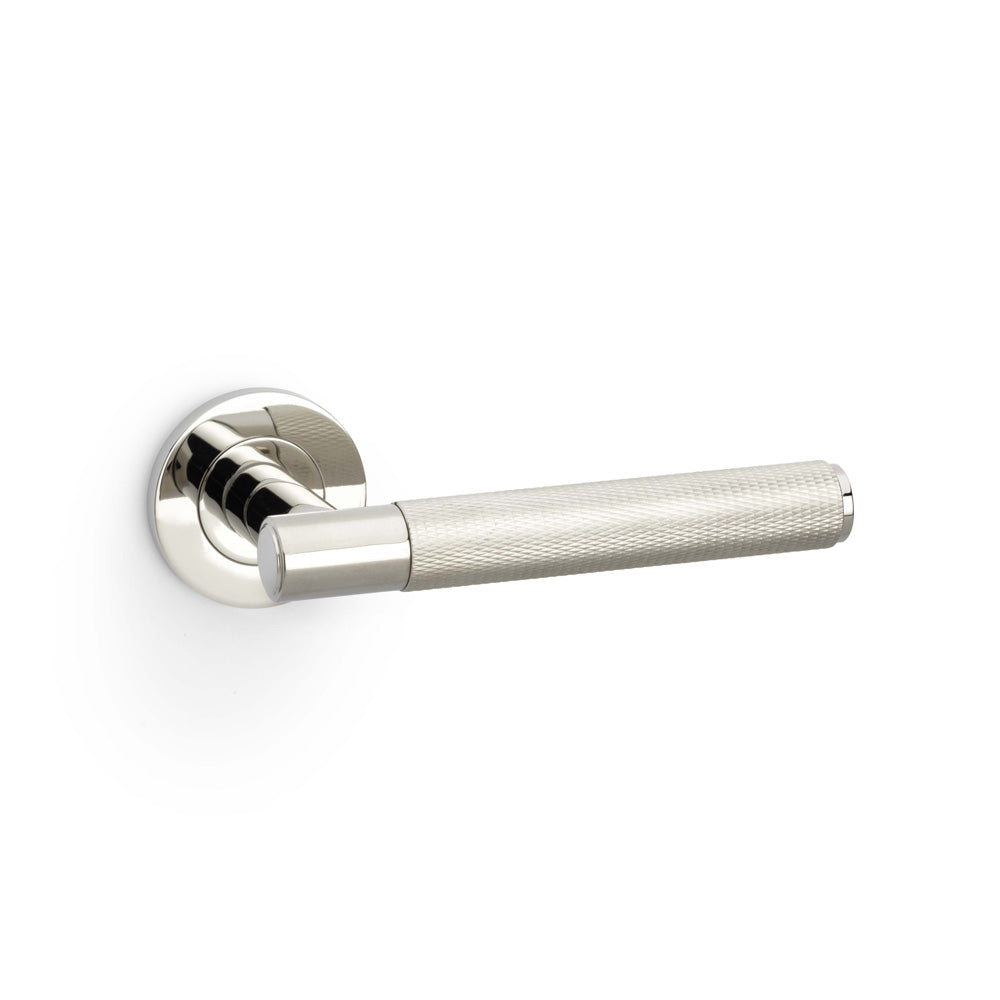 High quality image of Alexander & Wilks - Spitfire Knurled Lever on Round Rose - Polished Nickel PVD | Sku. aw220pnpvd | Trade Door Handles.