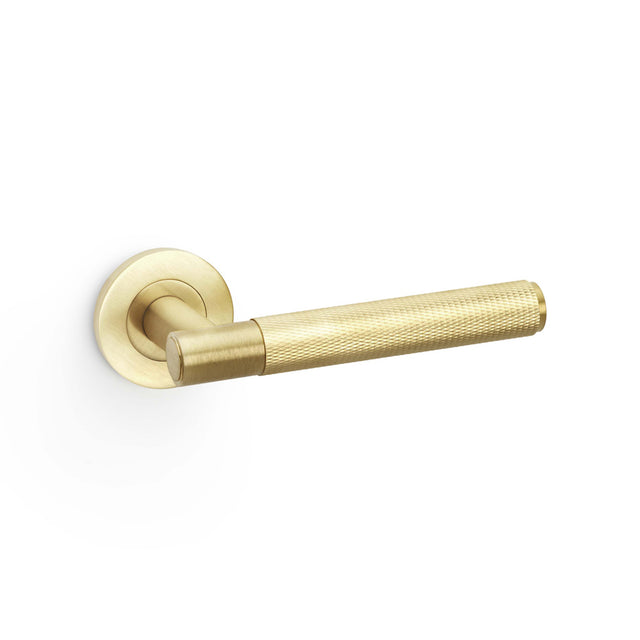 High quality image of Alexander & Wilks - Spitfire Knurled Lever on Round Rose - Satin Brass PVD | Sku. aw220sbpvd | Trade Door Handles.
