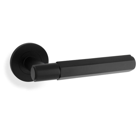 This is an image showing Alexander & Wilks - Spitfire Hex Lever on Round Rose - Black aw224bl available to order from Trade Door Handles in Kendal, quick delivery and discounted prices.