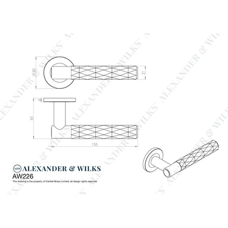 Line technical drawing image of Alexander & Wilks - Spitfire Diamond Cut Lever on Round Rose - Antique Brass | Sku. aw226ab | Trade Door Handles.