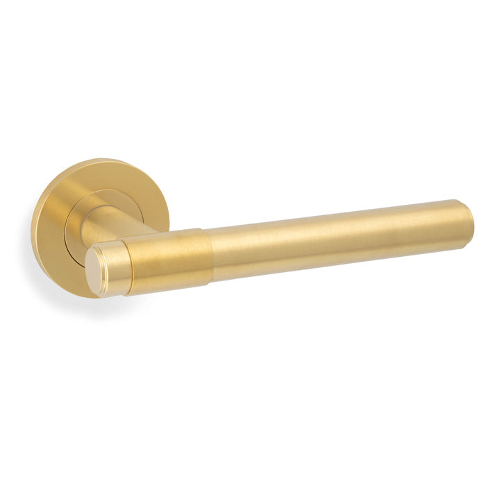 High quality image of Alexander & Wilks - Kingston Plain Lever on Round Rose-Satin Brass PVD | Sku.AW241SBPVD | Trade Door Handles.