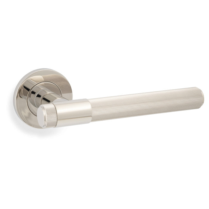 High quality image of Alexander & Wilks - Kingston Reeded lever on Round Rose-Polished Nickel PVD | Sku.AW242PNPVD | Trade Door Handles.