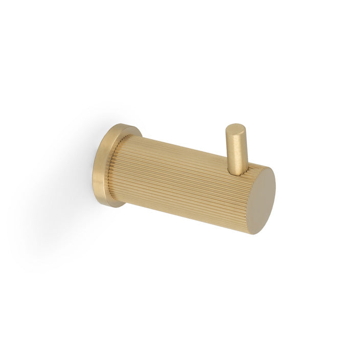 This is an image of Alexander & Wilks - BRUNEL REEDED COAT HOOK ON 25MM ROSE - Satin Brass PVD available to order from Trade Door Handles in Kendal, quick delivery and discounted prices.