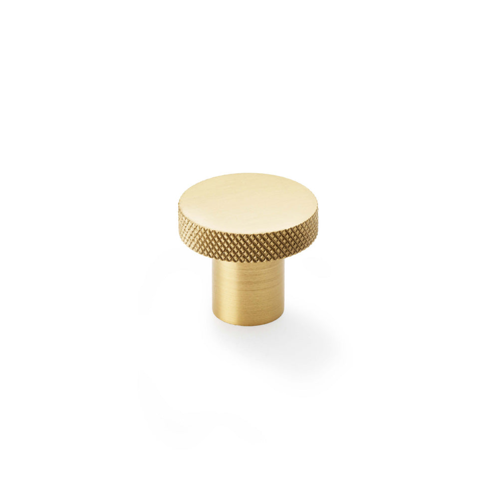 High quality image of Alexander & Wilks Hanover Knurled Circular Cupboard Knob - Satin Brass - 30mm | Sku. aw802-30-sb | Trade Door Handles.