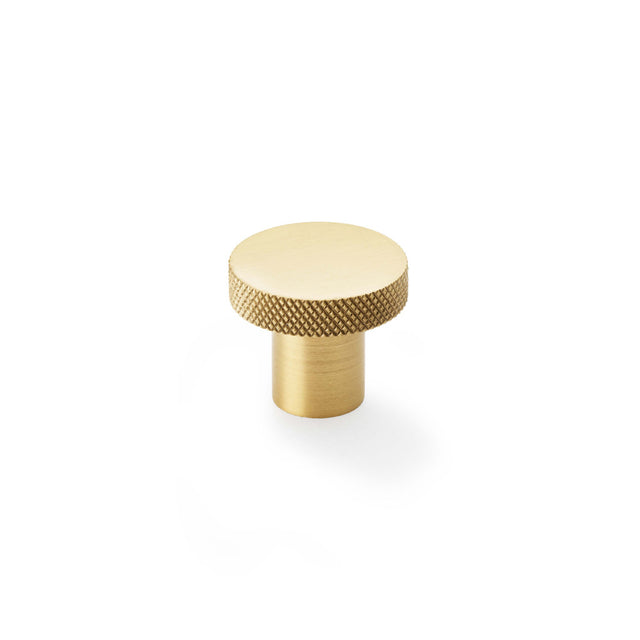High quality image of Alexander & Wilks Hanover Knurled Circular Cupboard Knob - Satin Brass - 30mm | Sku. aw802-30-sb | Trade Door Handles.